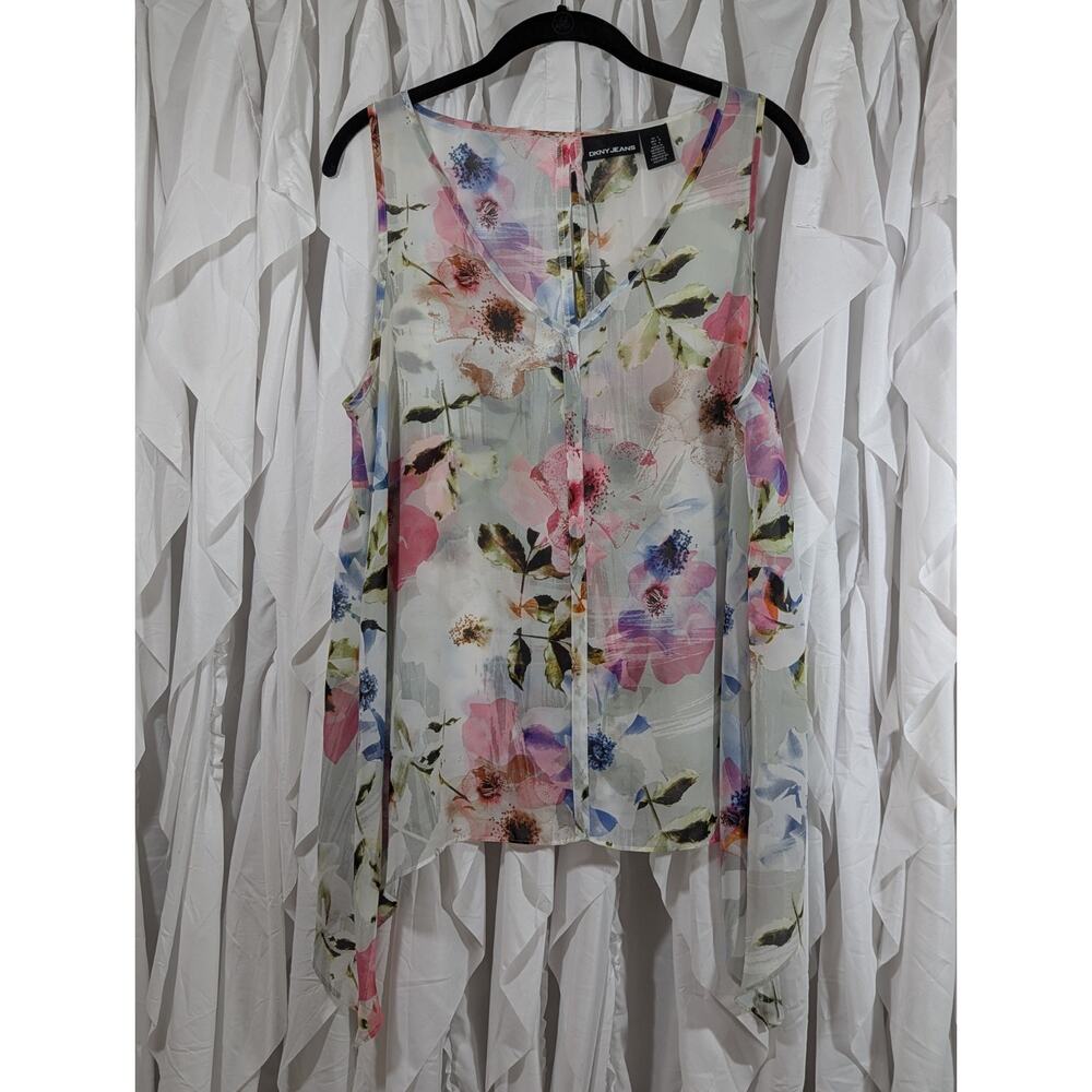 DKNY Jeans Sheer Floral V-Neck Shark Bite Hem Top L Boho Whimsigoth Keyhole